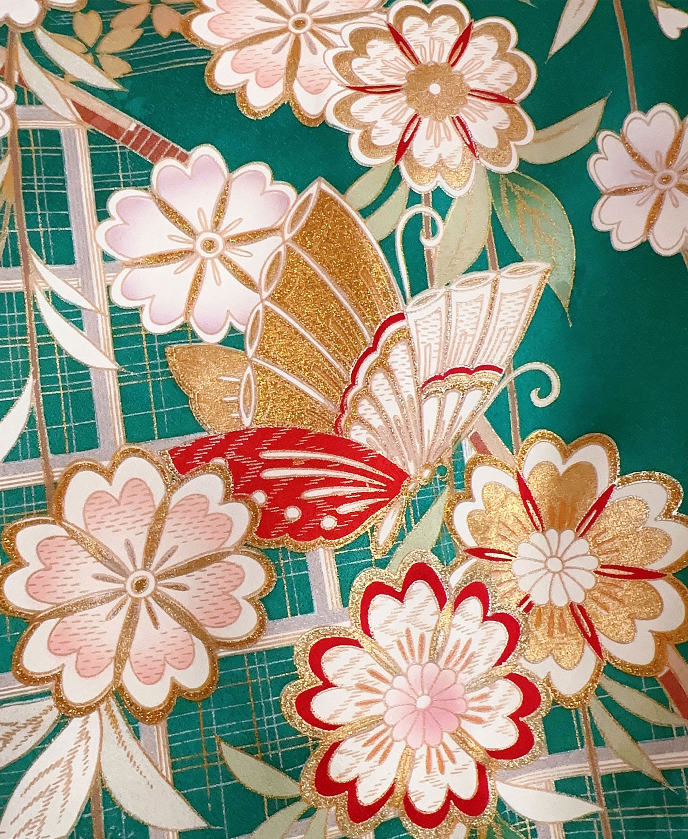 振袖フルセット6点サイズM〜L相良刺繍 振袖 流水花文 暈し染め 金彩