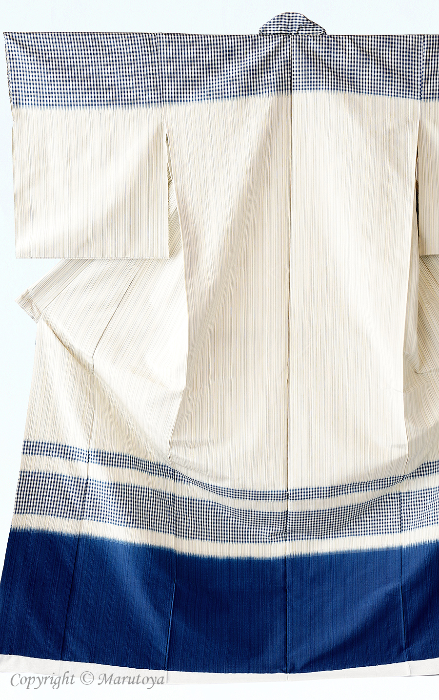 芝崎圭一 制作：藍染め手織紬：熨斗目 – 創作着物と帯の専門店 Marutoya