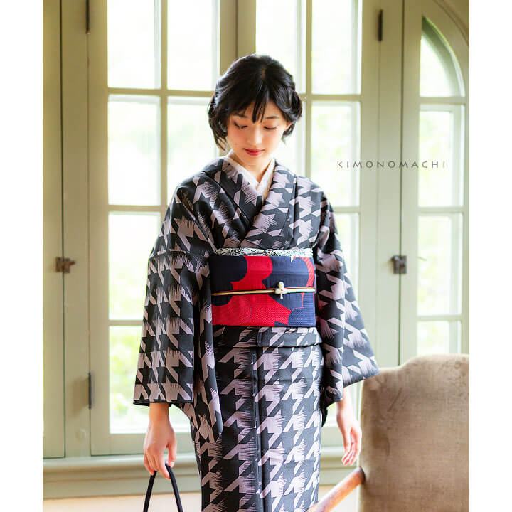 洗える着物08：黒グレー絣千鳥格子 KIMONOMACHIオリジナル 2018-2019
