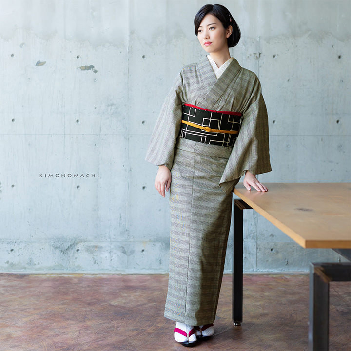 22グレーグレンチェック：KIMONOMACHI オリジナル 木綿着物単品