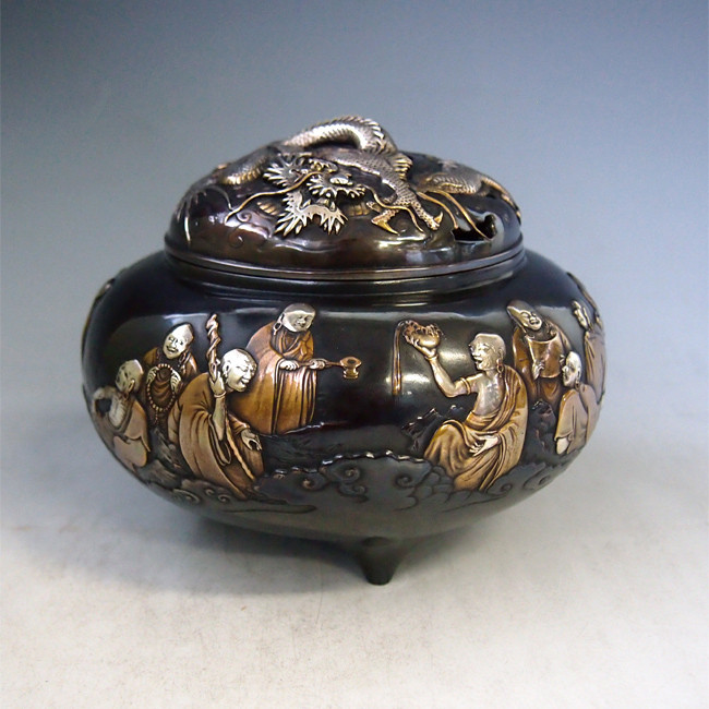 dk60-07,十六羅漢香炉 雲龍蓋 内島青鳳作 【 高岡銅器 】