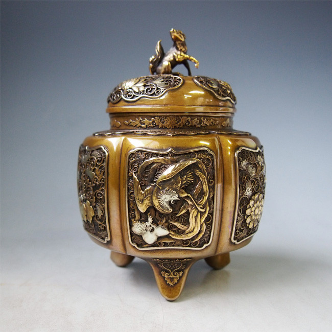 dk1,六陵瑞鳥紋香炉 昭生作 【 高岡銅器 】