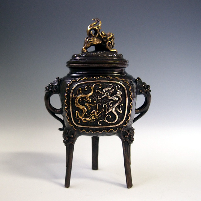 dk7,龍獅子香炉 二上元威作 【 高岡銅器 】