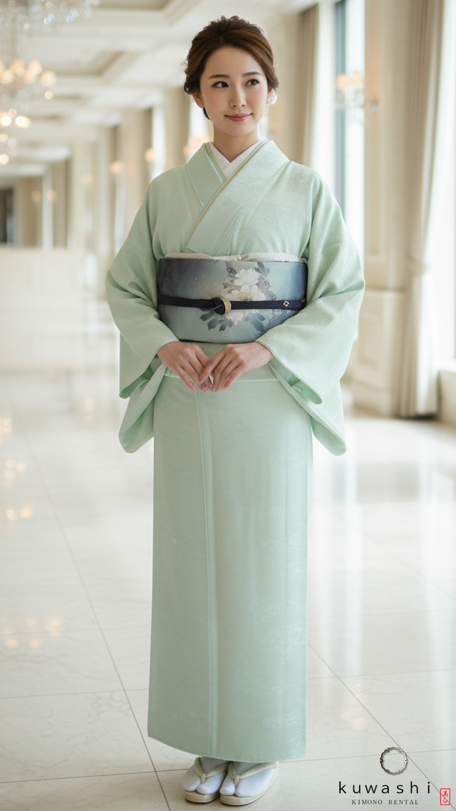 正絹色無地レンタル】 10033 ミントグリーン地紋正絹色無地 袋帯