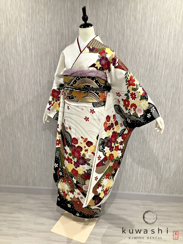 正絹振袖レンタル】 80006 ホワイト吉祥桜正絹振袖袋帯セット