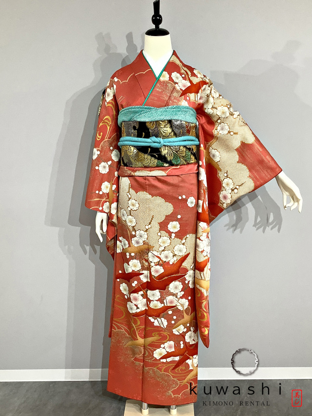 正絹振袖レンタル】 80027 朱赤地光琳鶴に梅正絹振袖袋帯セット
