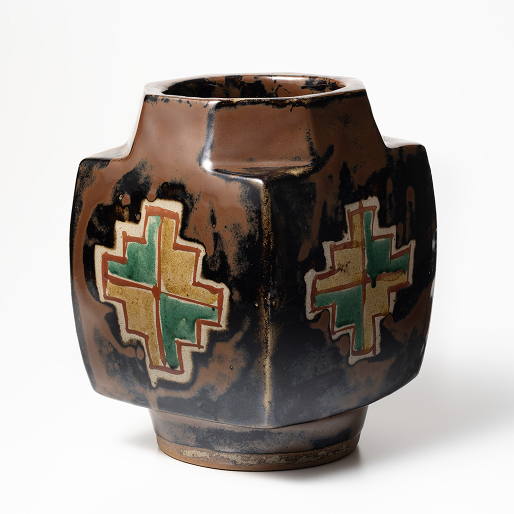 陶芸家 本物保証 人間国宝 浜田庄司 本人作 柿釉窓絵四方花瓶