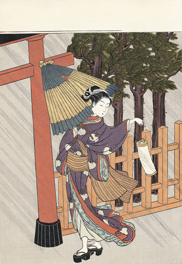 浮世絵版画] 雨中夜詣 ／ 鈴木春信（版画）
