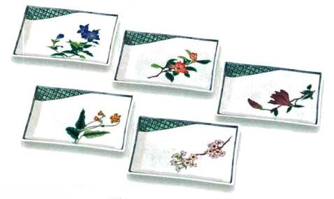 九谷焼・日用品》 九谷焼横長角皿揃 草花絵変り（食器・重ね木箱入