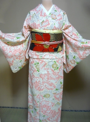小紋レンタル：オレンジピンク地 辻が花調