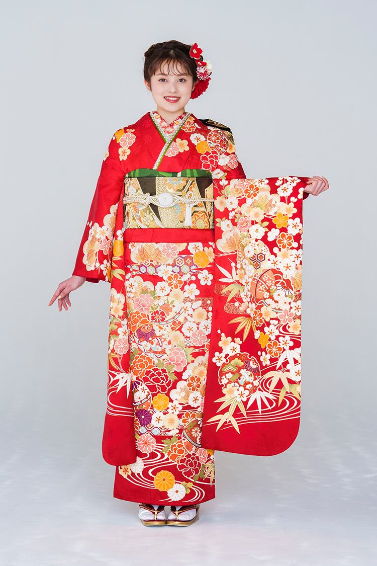 No.1158 【新品振袖/京友禅】【赤】松竹梅など祝いの文様が散りばめ