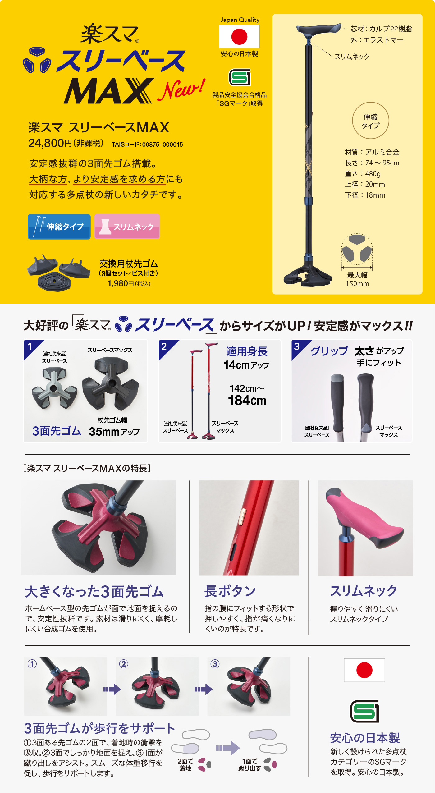 楽スマ スリーベースMAX｜杖 ステッキの製品紹介｜ケイ・ホスピア株式