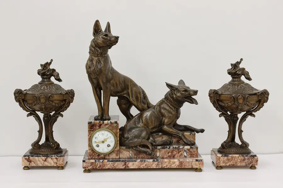 German Shepherd Antique 3 Pc Marble Mantel Clock Set Japy