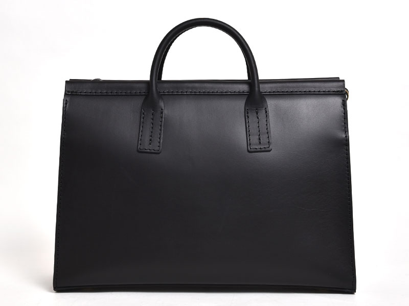 三角マチで収納量を高めたファスナー式二本手ビジネスバッグ / 革鞄の