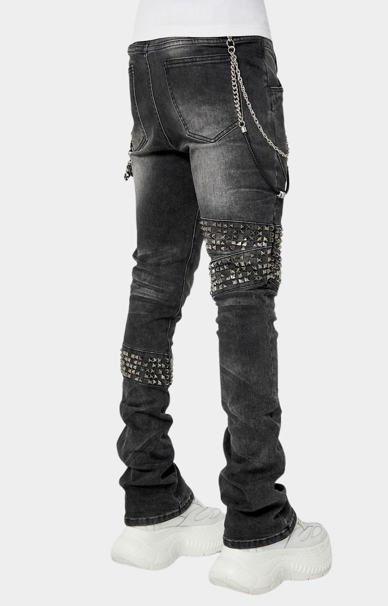 Guapi Obsidian Black Warpath Denim | Studded Chain Stacked Jeans