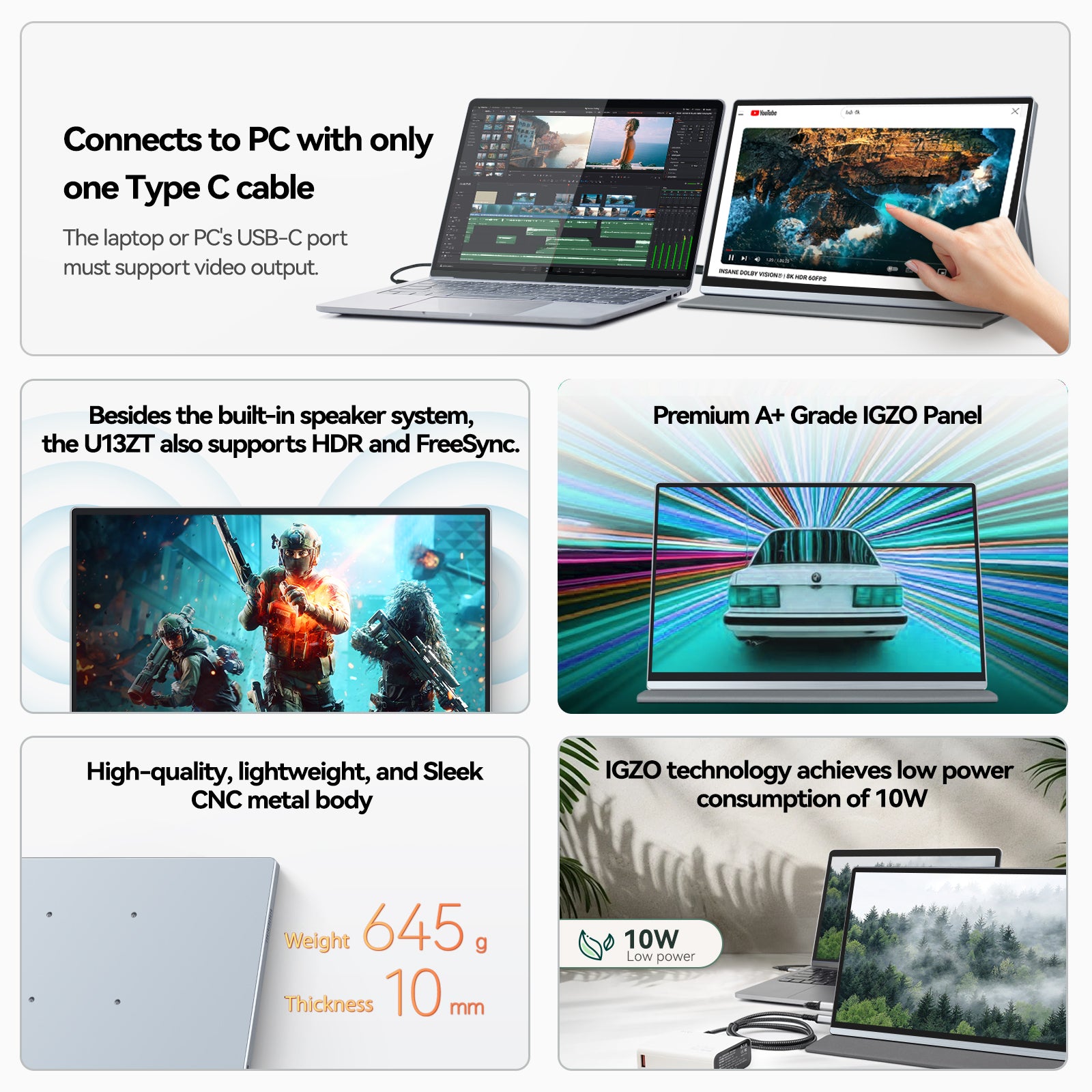 Intehill 4K Portable Monitor for Laptop and mini PC, 13.4 inch U13NA