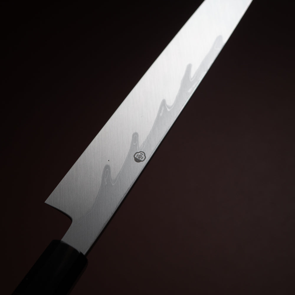 堺一文字光秀 青一鋼 炎紋鍛錬 墨流し 柳刃 黒檀柄 白鞘付き