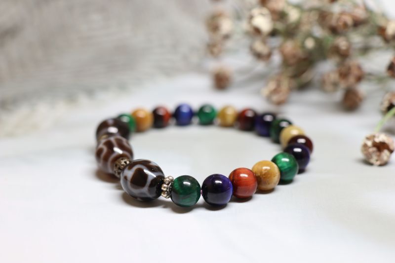 宝瓶天珠 亀甲蓮花天珠 如意天珠 タイガーアイブレス 仕事運 金運 - 石