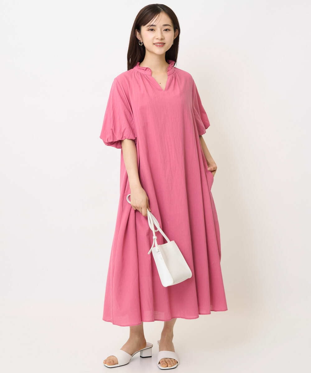 小さいサイズ】ソフトコットンボリュームスリーブワンピース/洗える