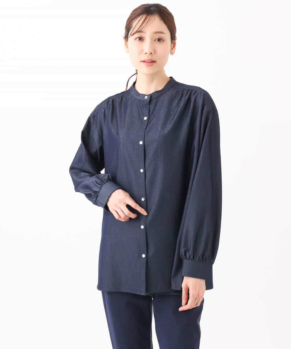 ボウタイ付きデニムライクバンドカラーブラウス/洗える(ブラウス