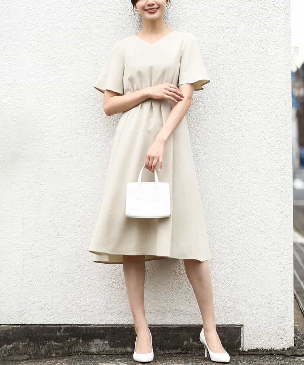 リネンライク ウエストタックワンピース/洗える(ワンピース) | OFUON