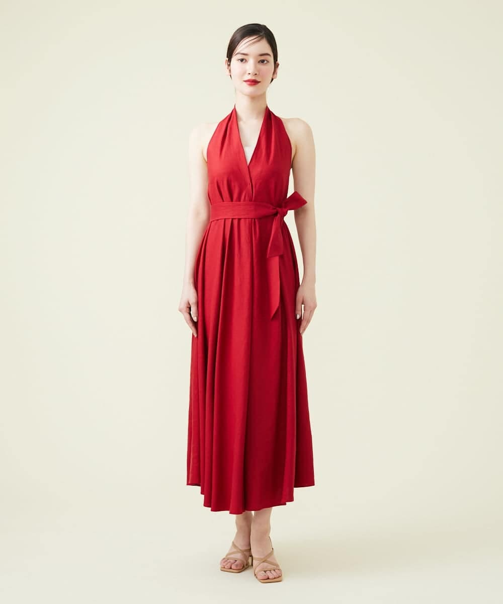 SYBILLA DRESS】リネンホルターネック ベア付きドレス(ワンピース