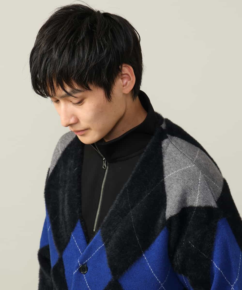 肌触りなめらか】アーガイル柄シャギーニットカーディガン(厚手