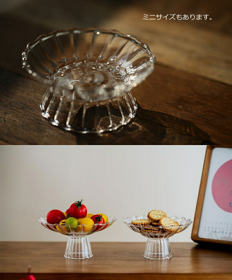 IwaiLoft 筋入れ ガラス小鉢 高台トレー 12cm 丸い ガラス 皿 豆皿 浅