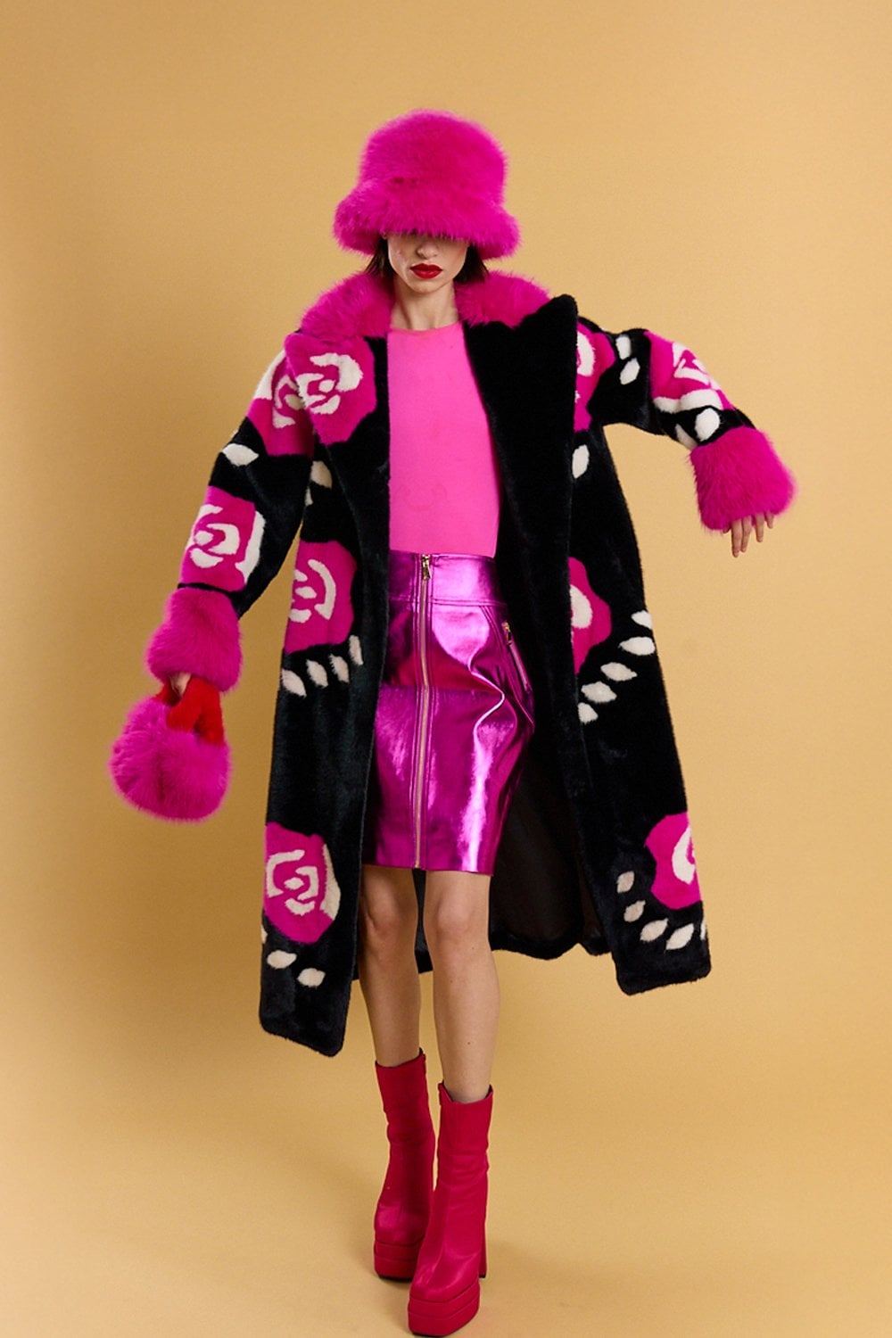 JAYLEY Black Hand Crafted Roses Bamboo Eco Faux Fur Love Maxi Coat