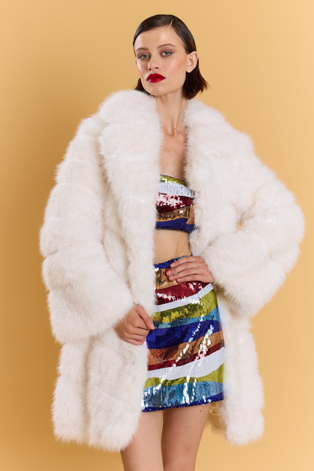 JAYLEY White Handmade Bamboo Blend Faux Fur Midi Coat - Womenswear