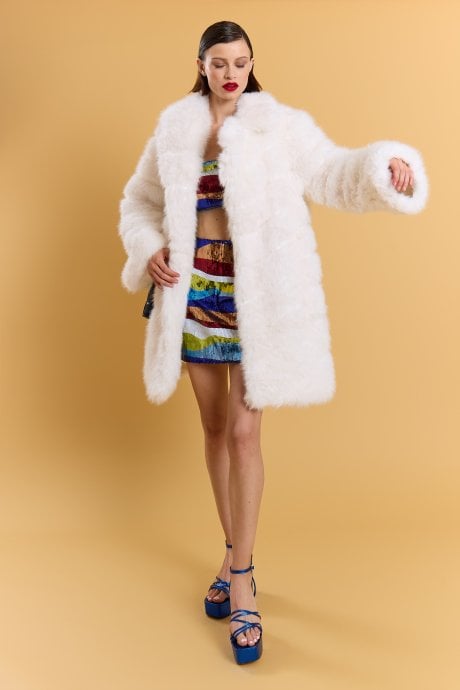 JAYLEY White Handmade Bamboo Blend Faux Fur Midi Coat - Womenswear