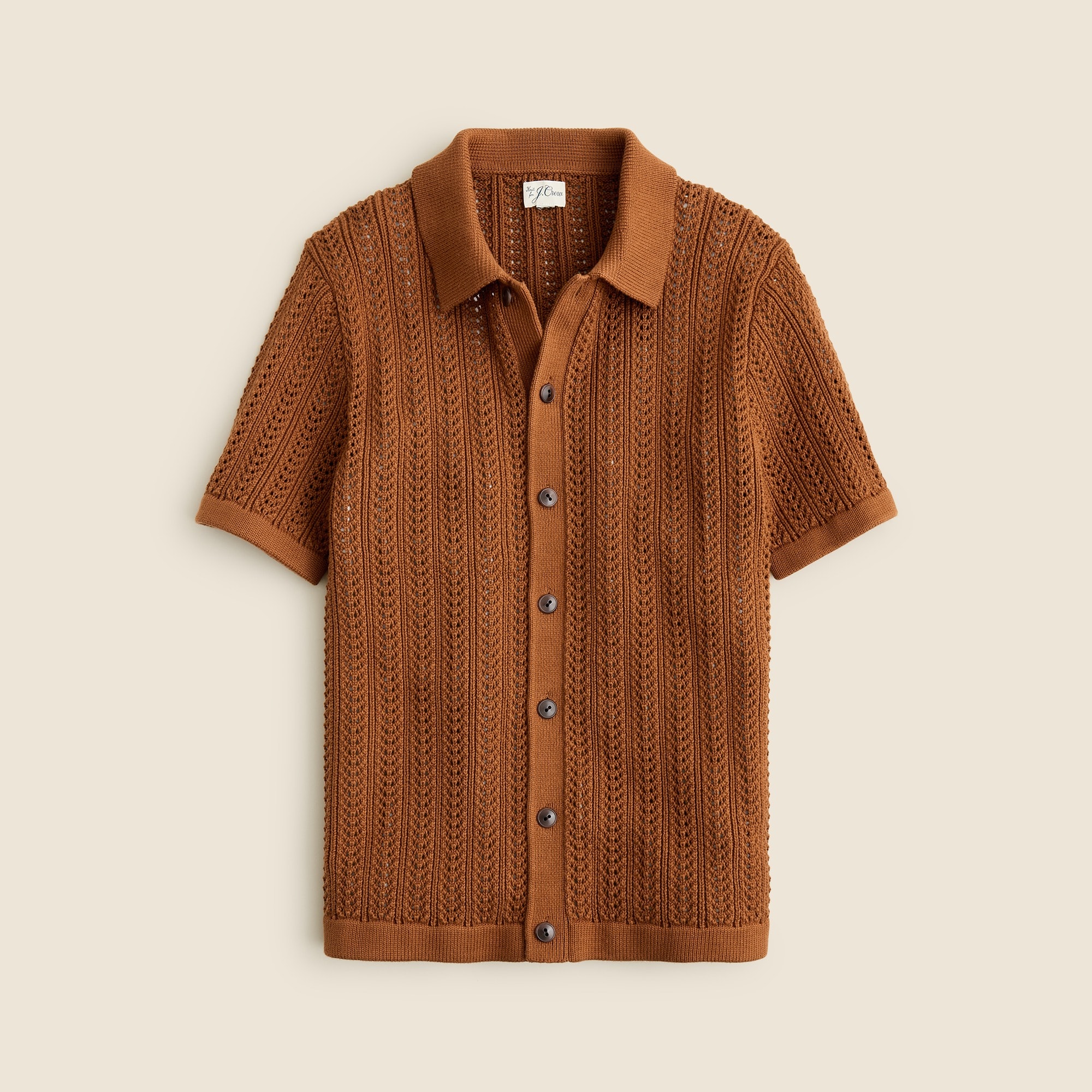 Short-sleeve Cotton Pointelle-stitch Cardigan Sweater-polo For Men