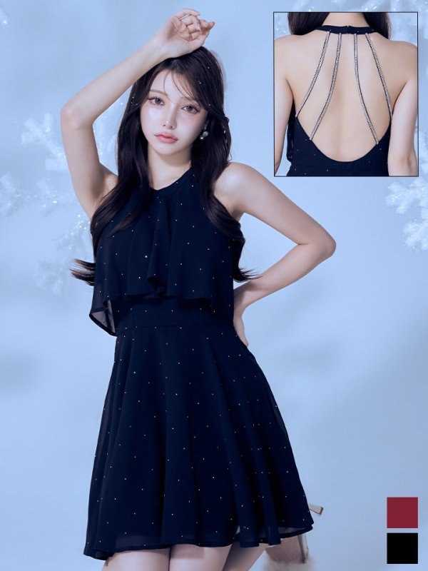 送料無料!ホルターネックバックビジューフレアミニドレス/キャバドレス