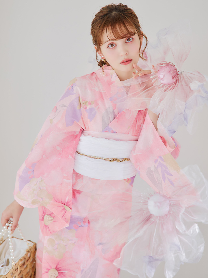 即日発送】ローズピンクの水彩浴衣 【浴衣3点セット 浴衣/帯/下駄