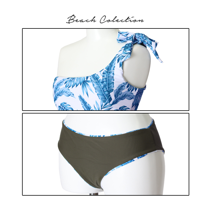 即日発送】【水着セール】【水着】ワンショルダーバイカラーリーフ