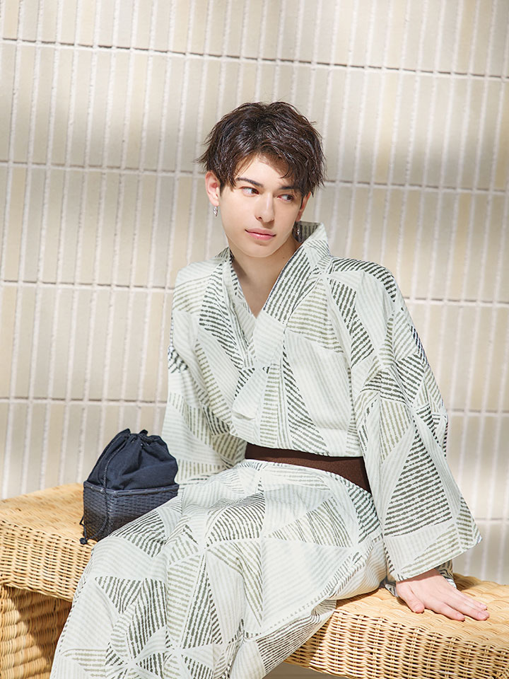 即日発送！】【メンズ浴衣】カーキグリーン幾何学的模様浴衣【浴衣3点