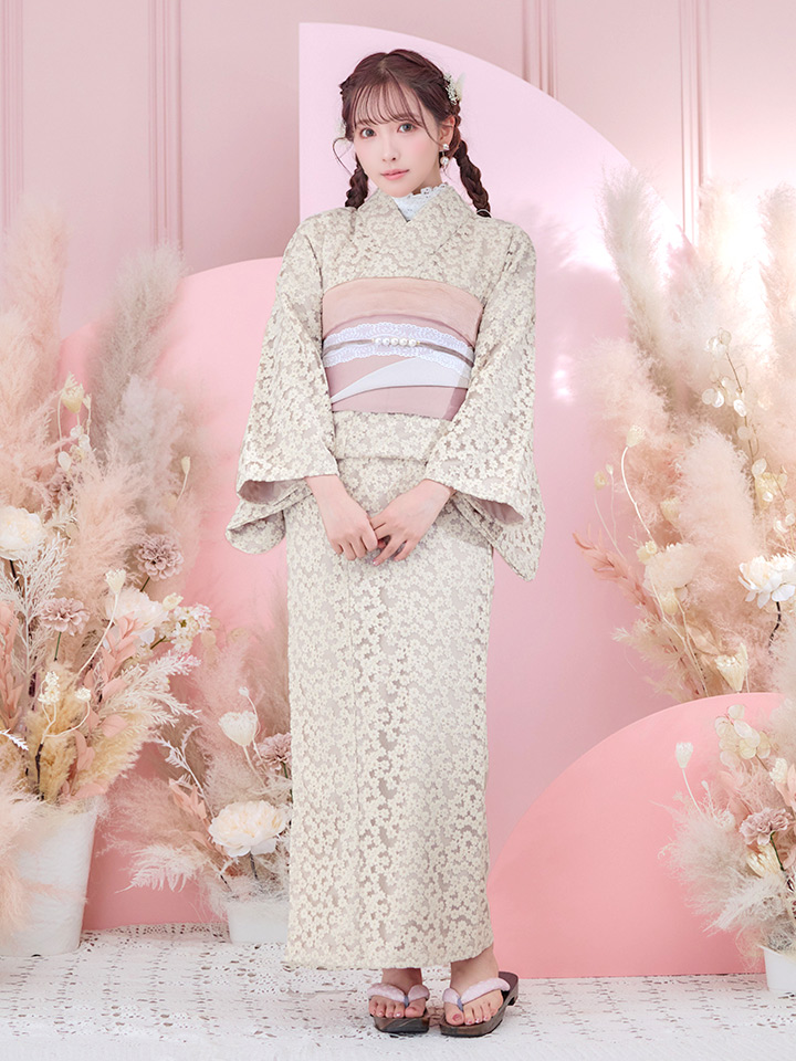 即日発送】くすみピンク地x小花レース浴衣 【浴衣3点セット 浴衣/帯