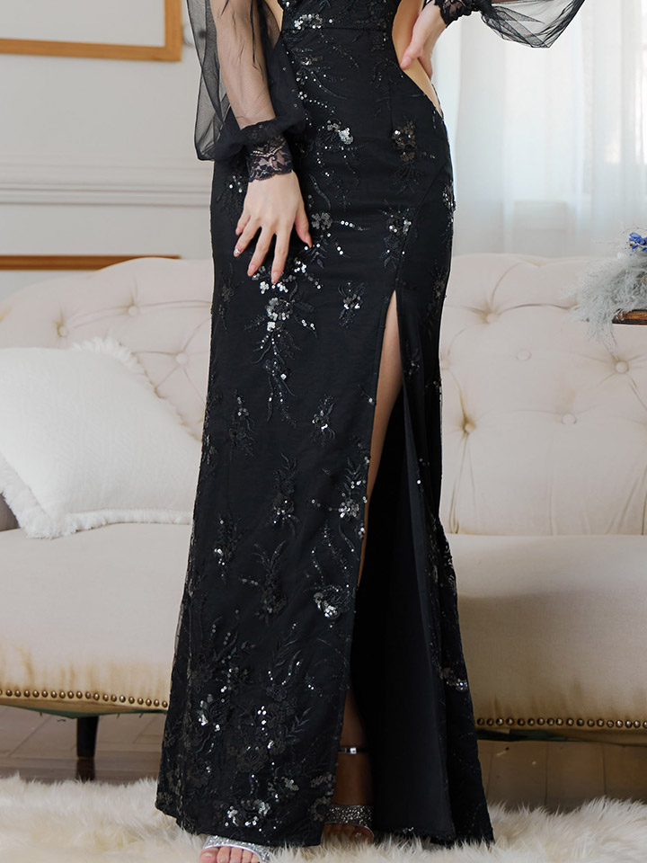 送料無料！】刺繍スパンコールドレス/パール/キャミ/チュール/スリット