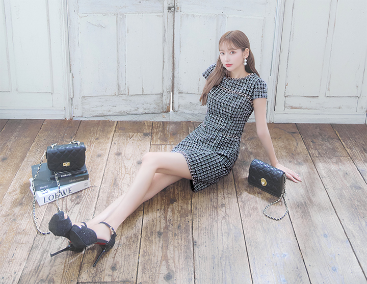 再入荷!チェーンチェックツイードワンピースドレス/ミニドレス【XS-XL