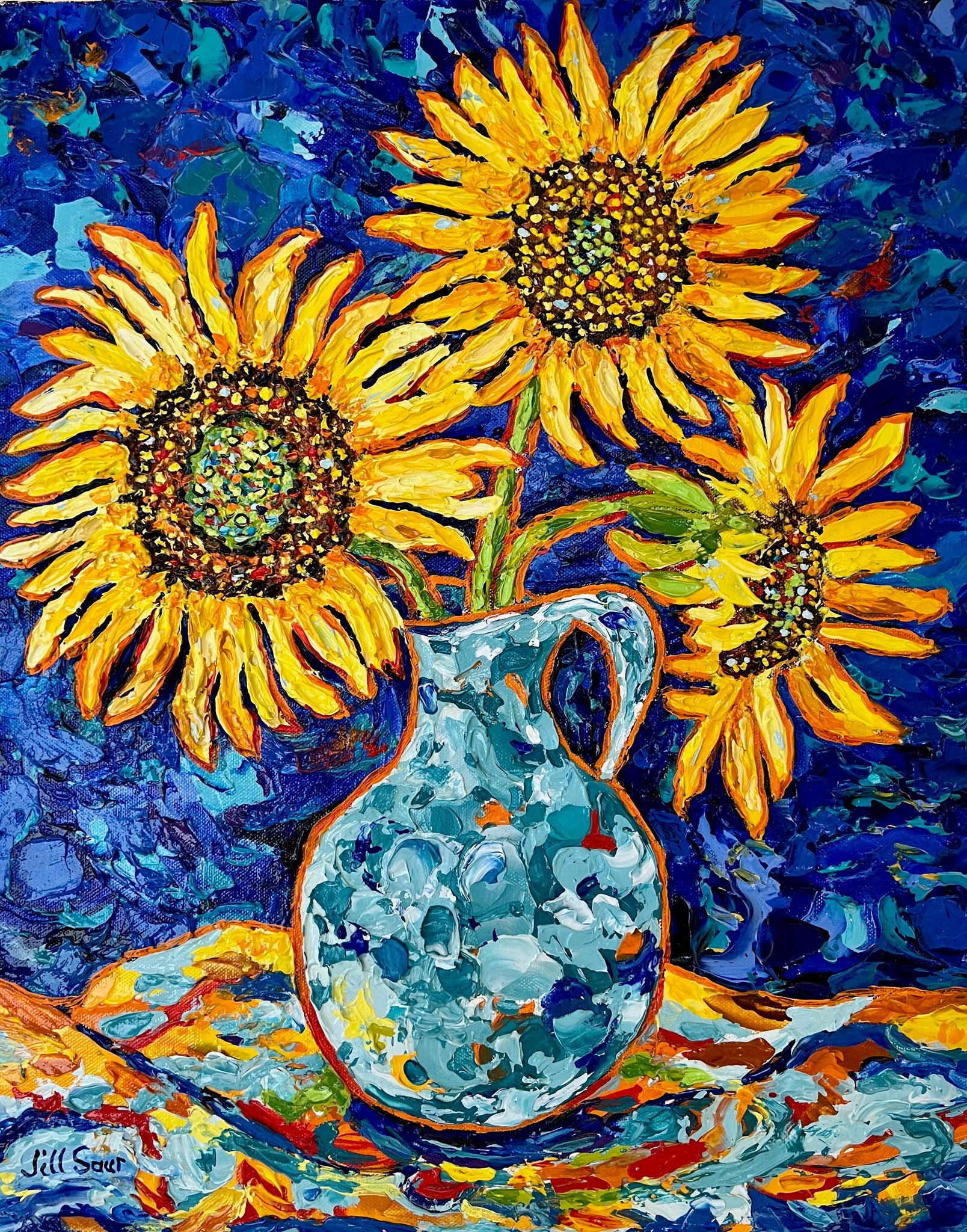 Sunflowers in Blue Vase 20x16 Acrylic – Jill Saur Fine Art