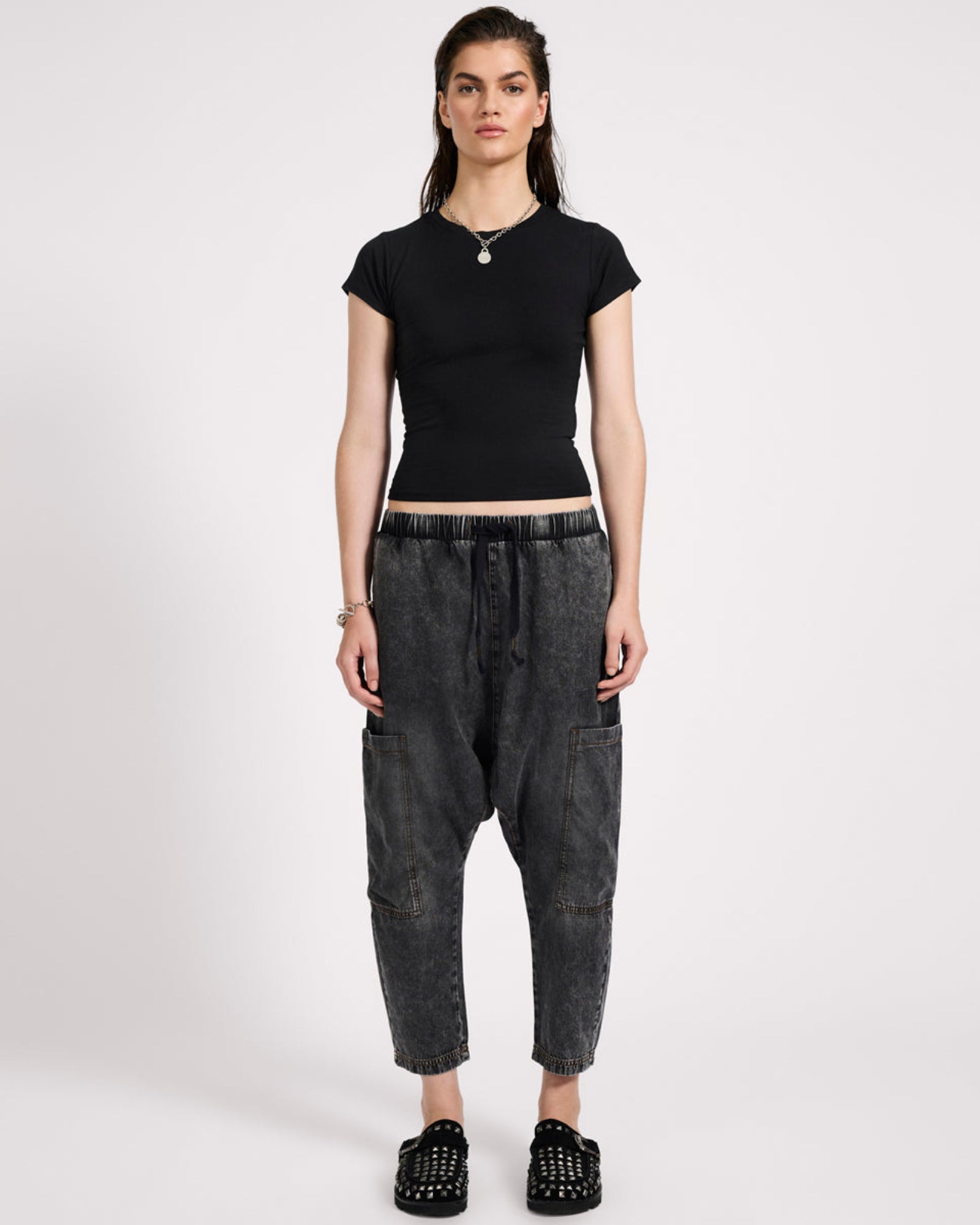 Isla Low Waist Drawstring Harem Denim Jeans - Charcoal Black | One