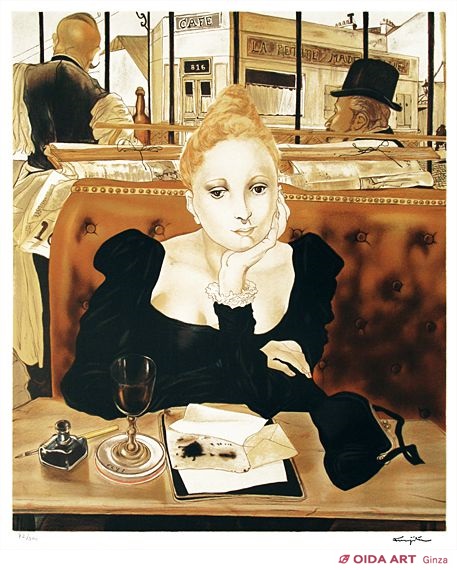 藤田嗣治カフェの女性 黒いドレス ゴールドフレーム.ロイヤル