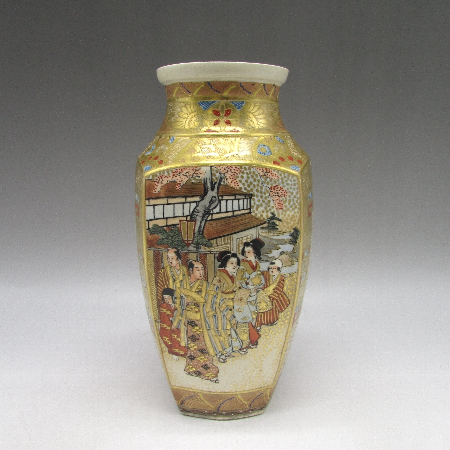 薩摩焼 保土田 金襴手草花人物風景文四面花瓶 - 敬誠アート [ 公式 ]