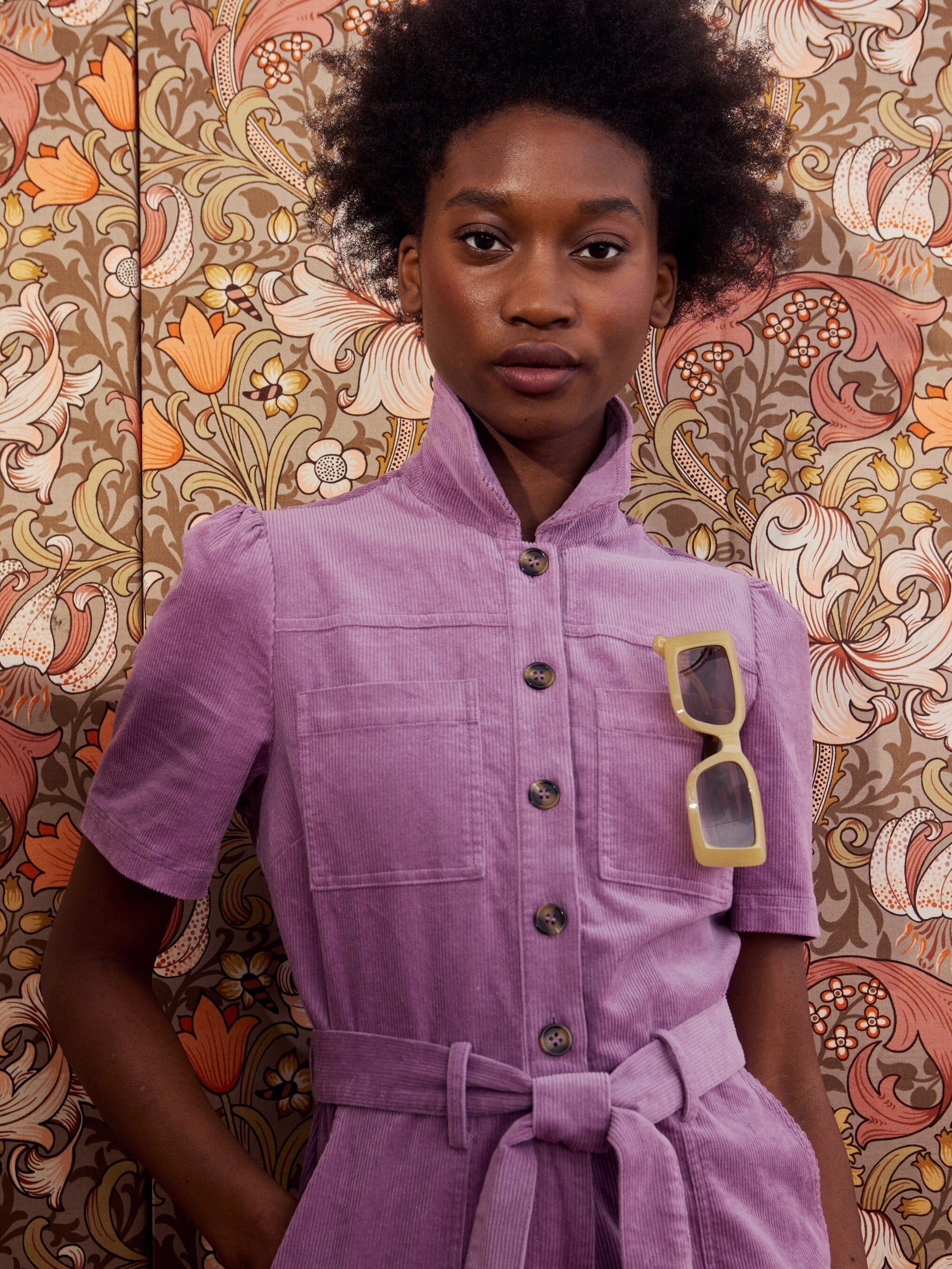 Lilac Corduroy Button Up Tie Waist Jumpsuit | Oliver Bonas