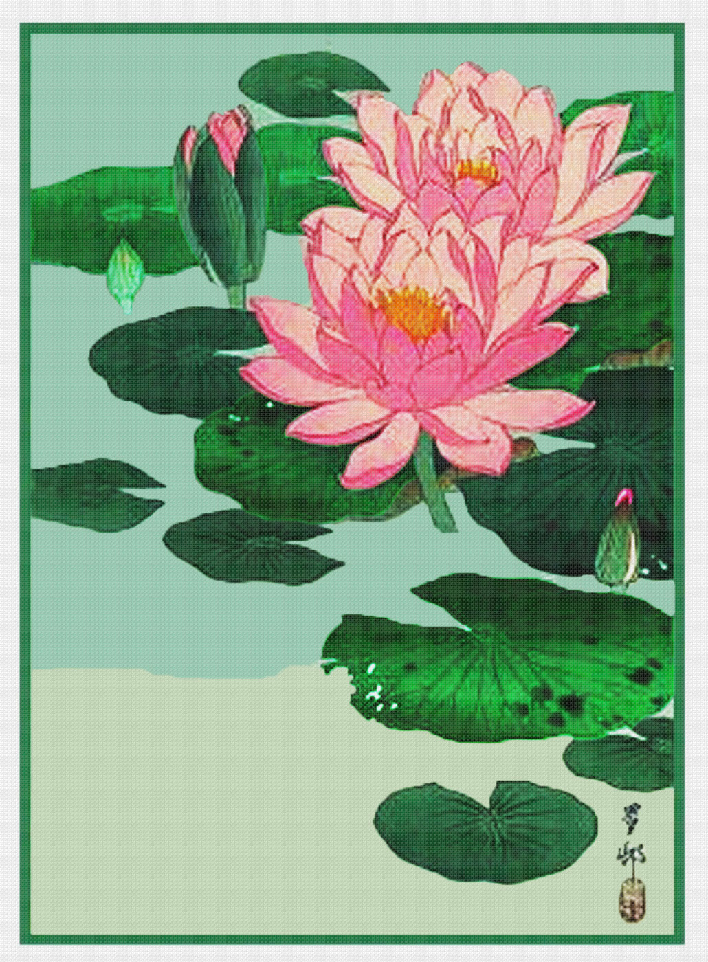 Japanese Artist Ohara Shoson's Lotus Flowers Counted Cross Stitch