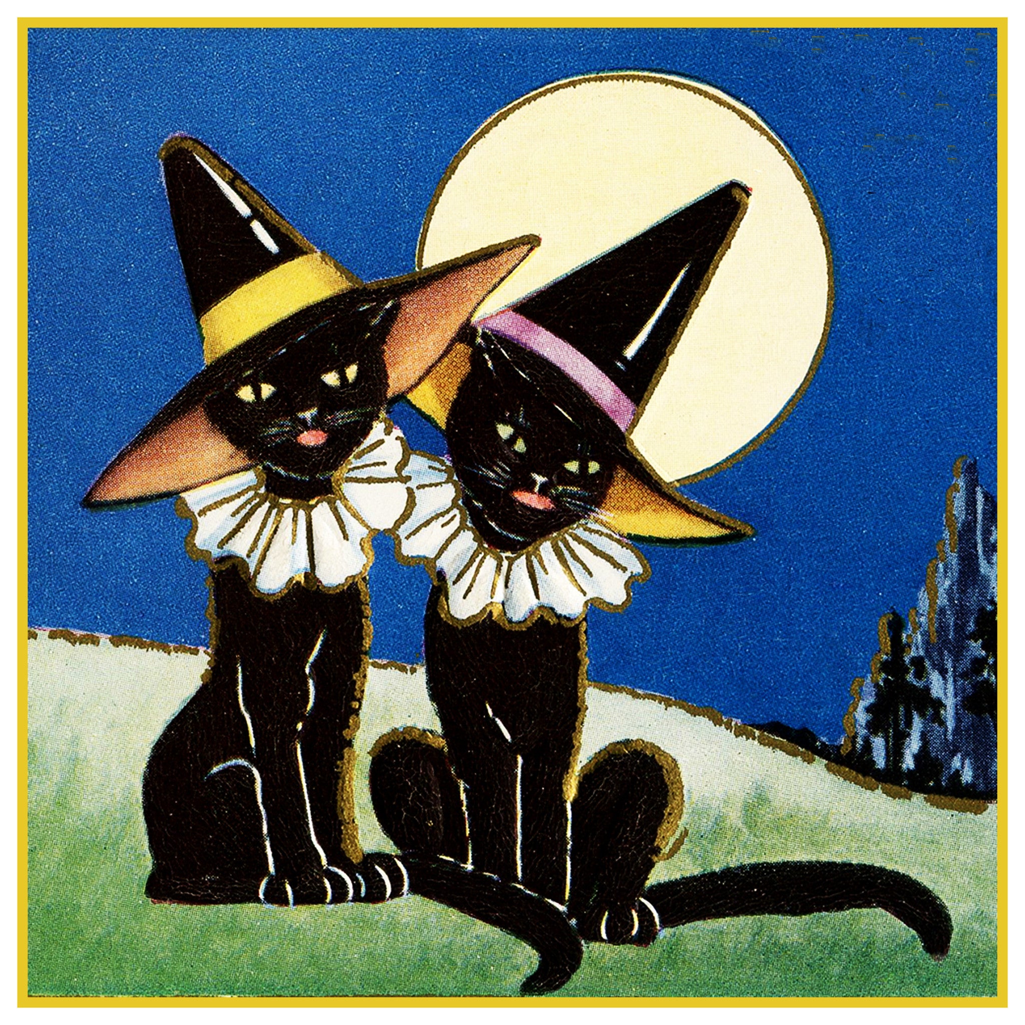 2 Black Cats with Witch Hats Halloween Counted Cross Stitch