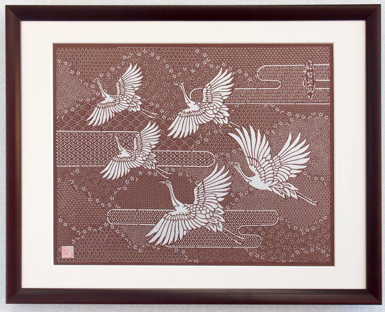 伊勢型 紙 「鶴・亀・熨斗の図」 額装 未使用 明治中期 骨董品 【公式