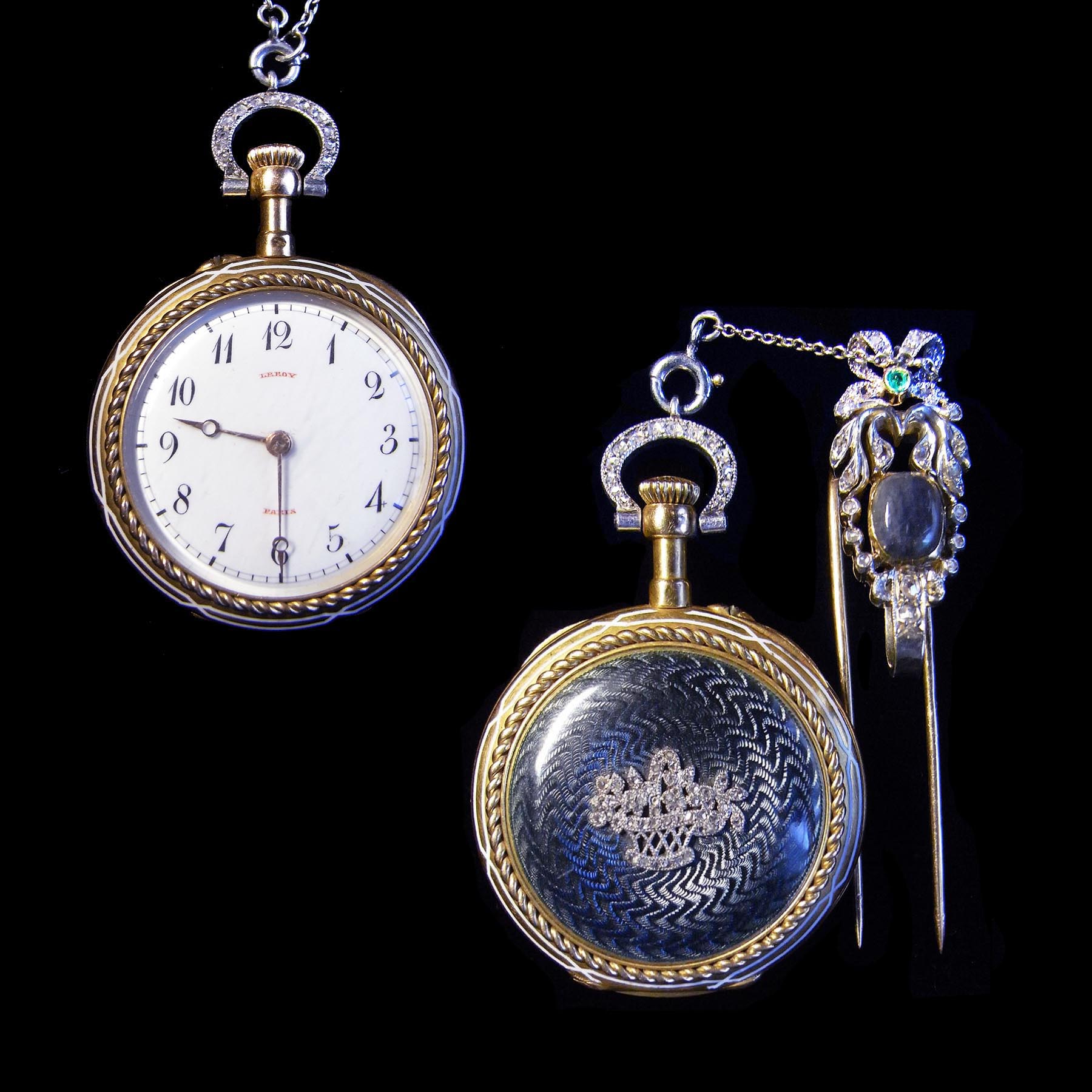 ブローチ付懐中時計 花飾りダイヤモンド ギヨシェエマイユ