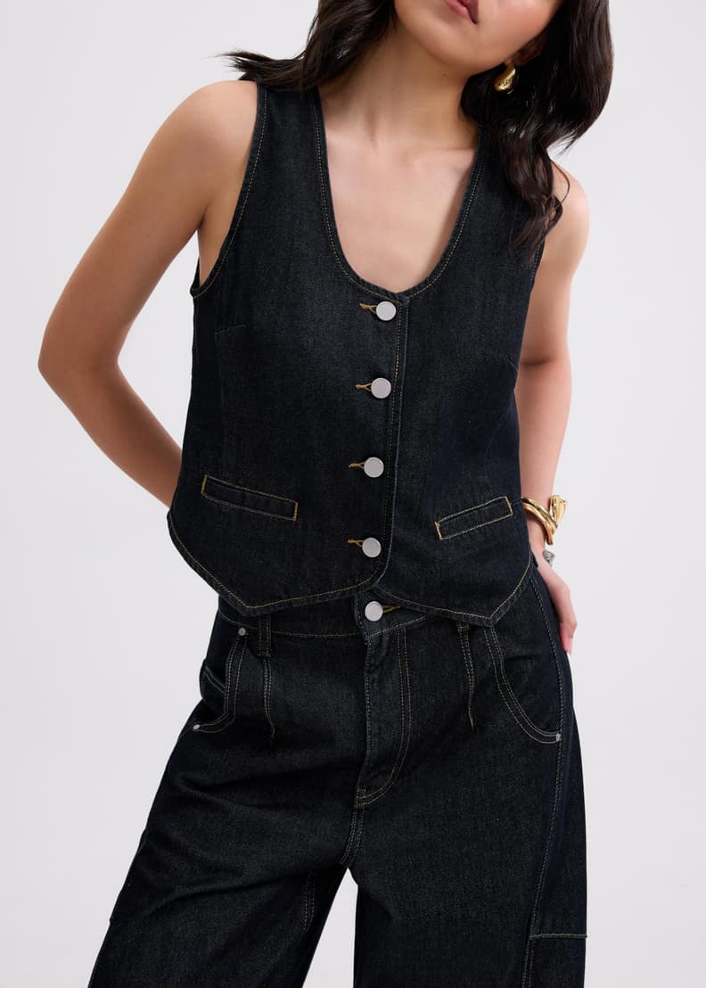 Relaxed Denim Scoop Neck Tailored Vest | Love, Bonito SG