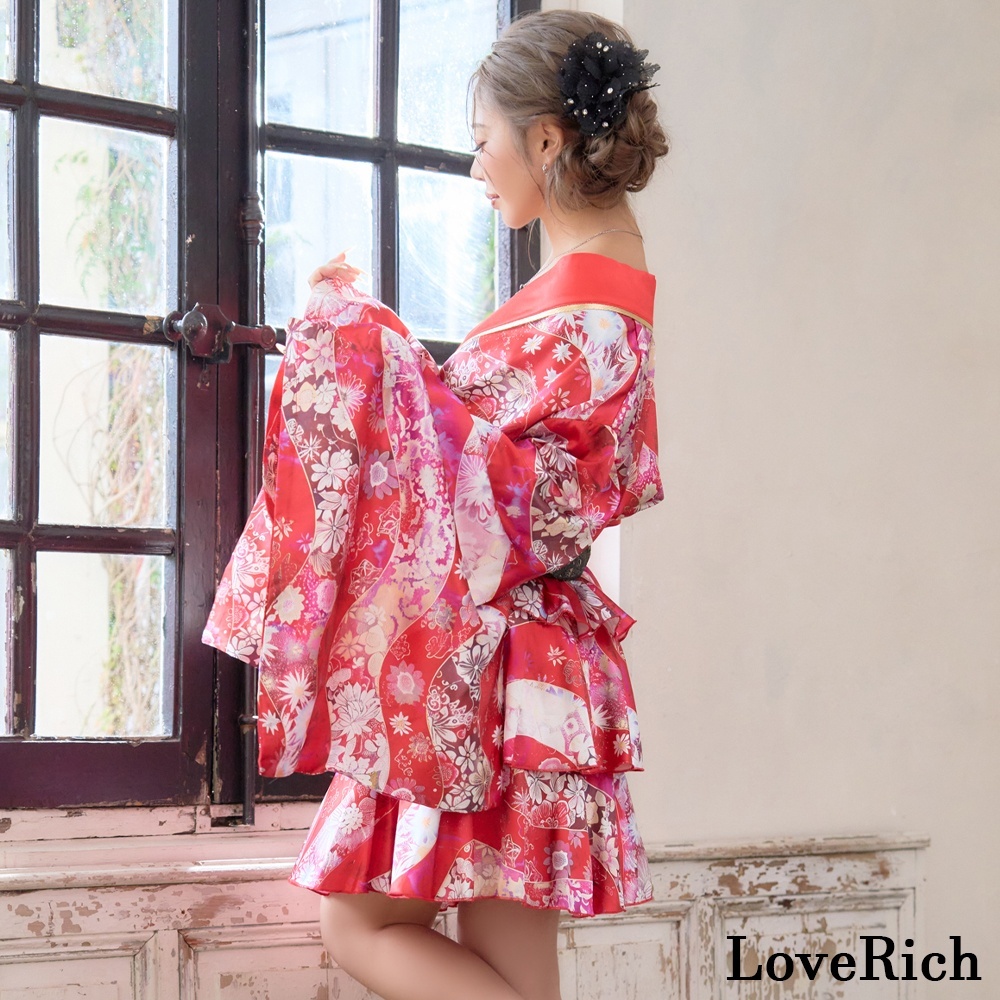 3点セット】花柄 セットアップ サテン生地 フリル ミニ 豪華 帯 花魁